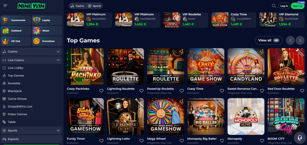 NineWin Casino Live Table games